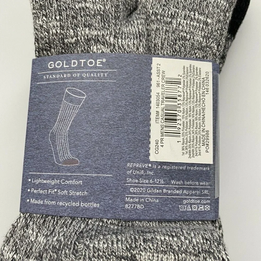 NWT - 4 Pack Gold Toe Men's Casual Traveler Crew Socks Fits Shoes - Size 6-12.5